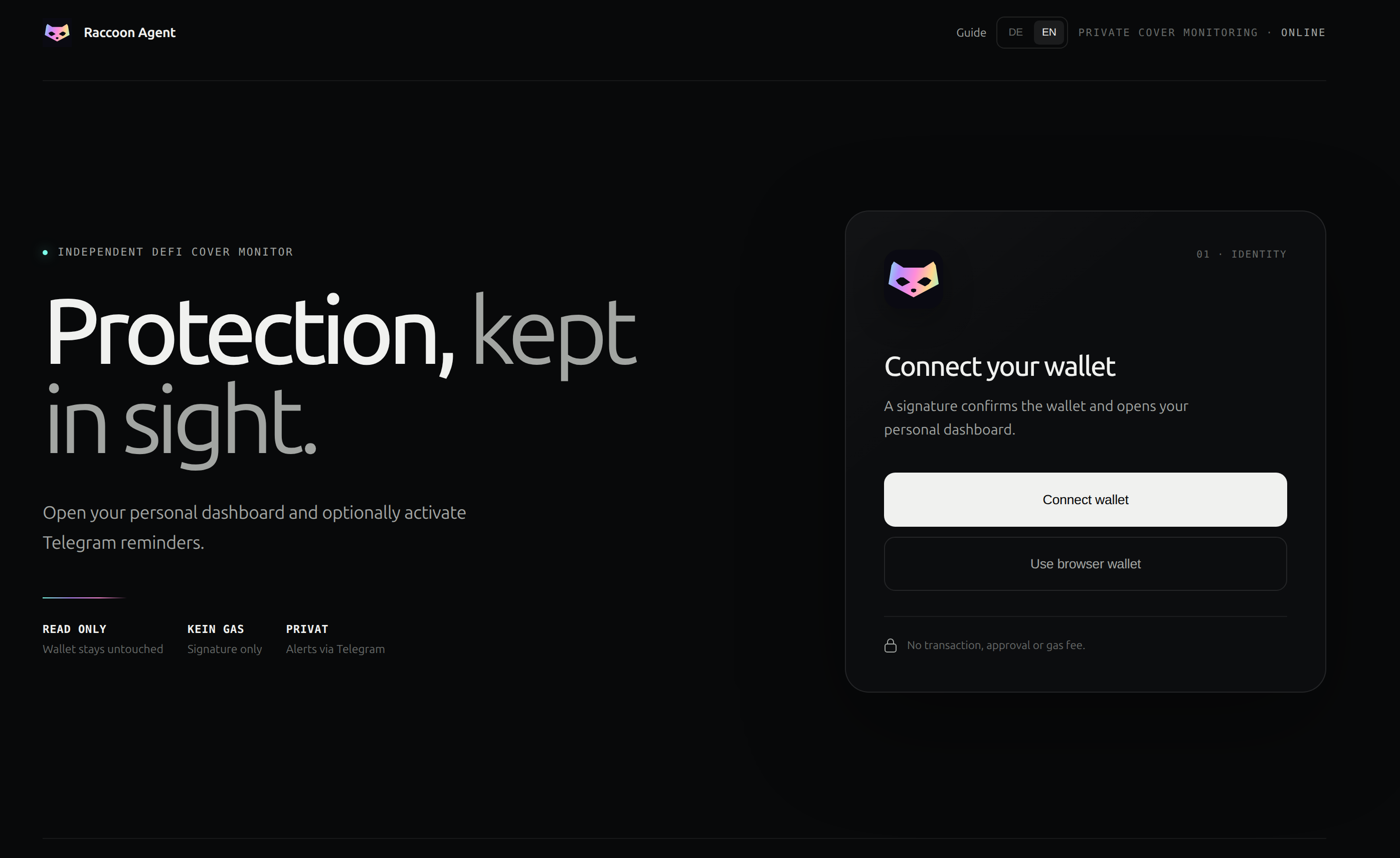 Raccoon Agent Startseite mit Wallet-Button