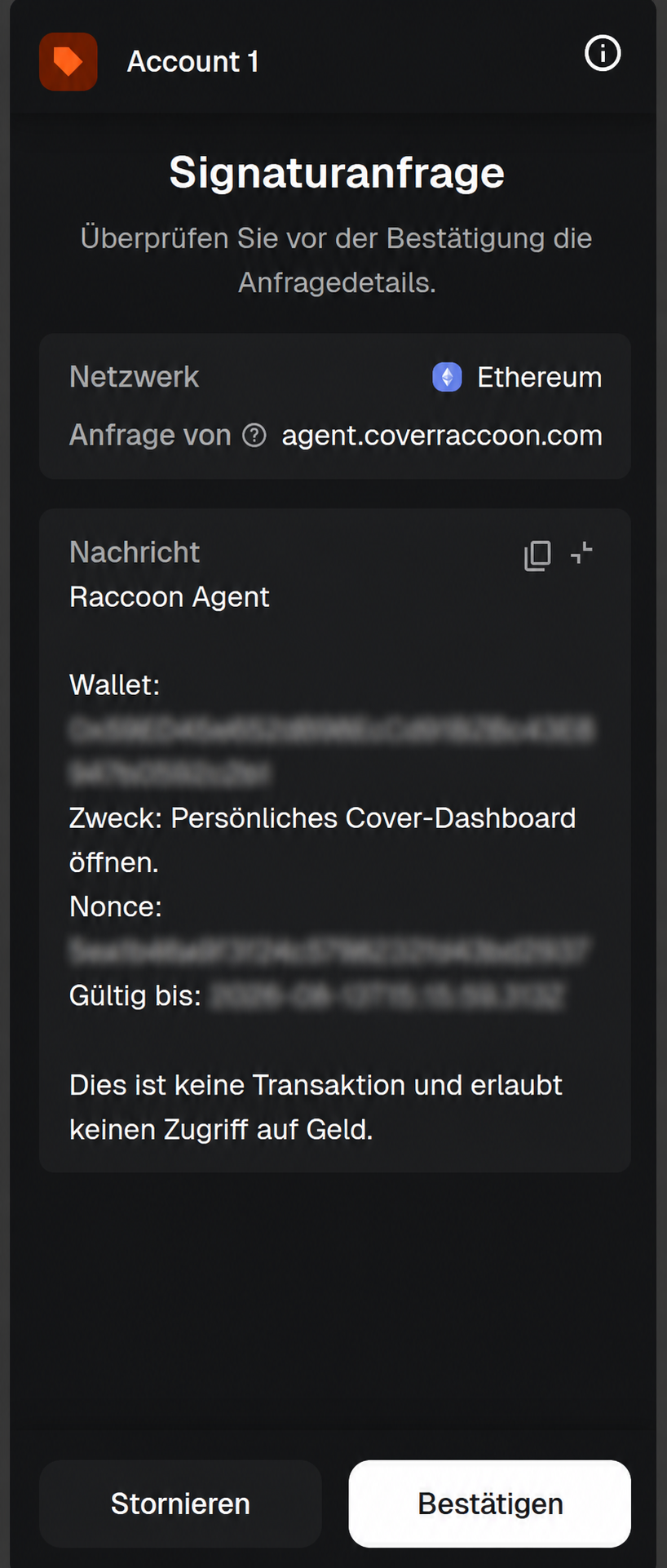 Signaturanfrage in einer Wallet mit verdeckten Werten