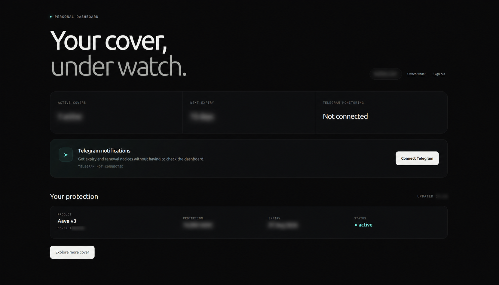 Persönliches Cover-Dashboard mit verdeckten Werten