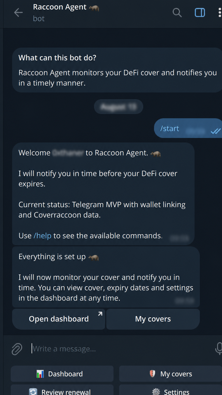 Telegram-Chat mit Raccoon Agent und verdeckten Werten